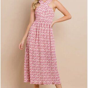 Pleated Floral Pink Midi Dress